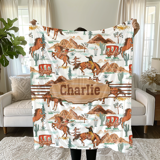 Personalized Western Name Blanket – Cowboy Horses & Wagons