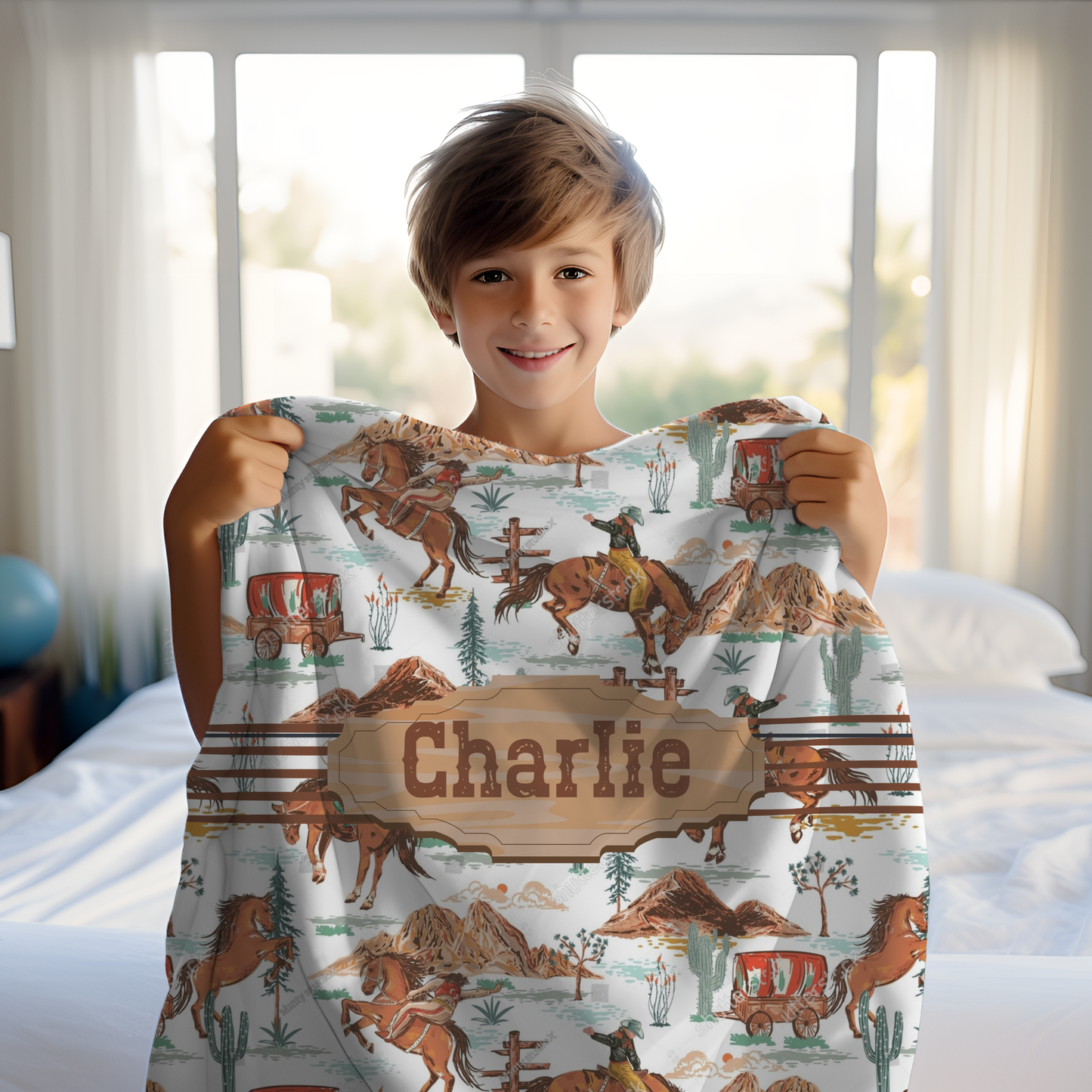 Personalized Western Name Blanket – Cowboy Horses & Wagons