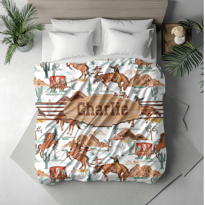 Personalized Western Name Blanket – Cowboy Horses & Wagons