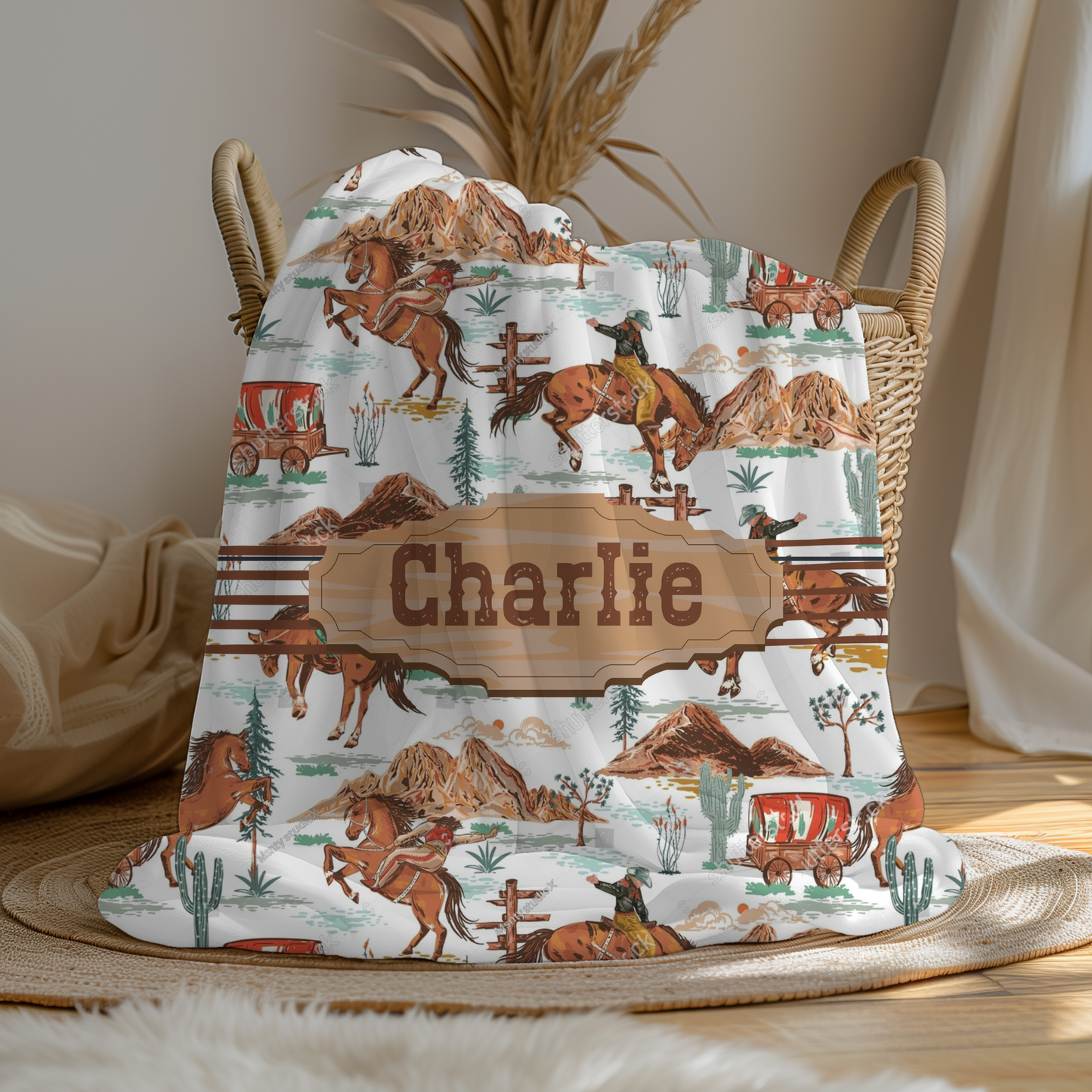 Personalized Western Name Blanket – Cowboy Horses & Wagons