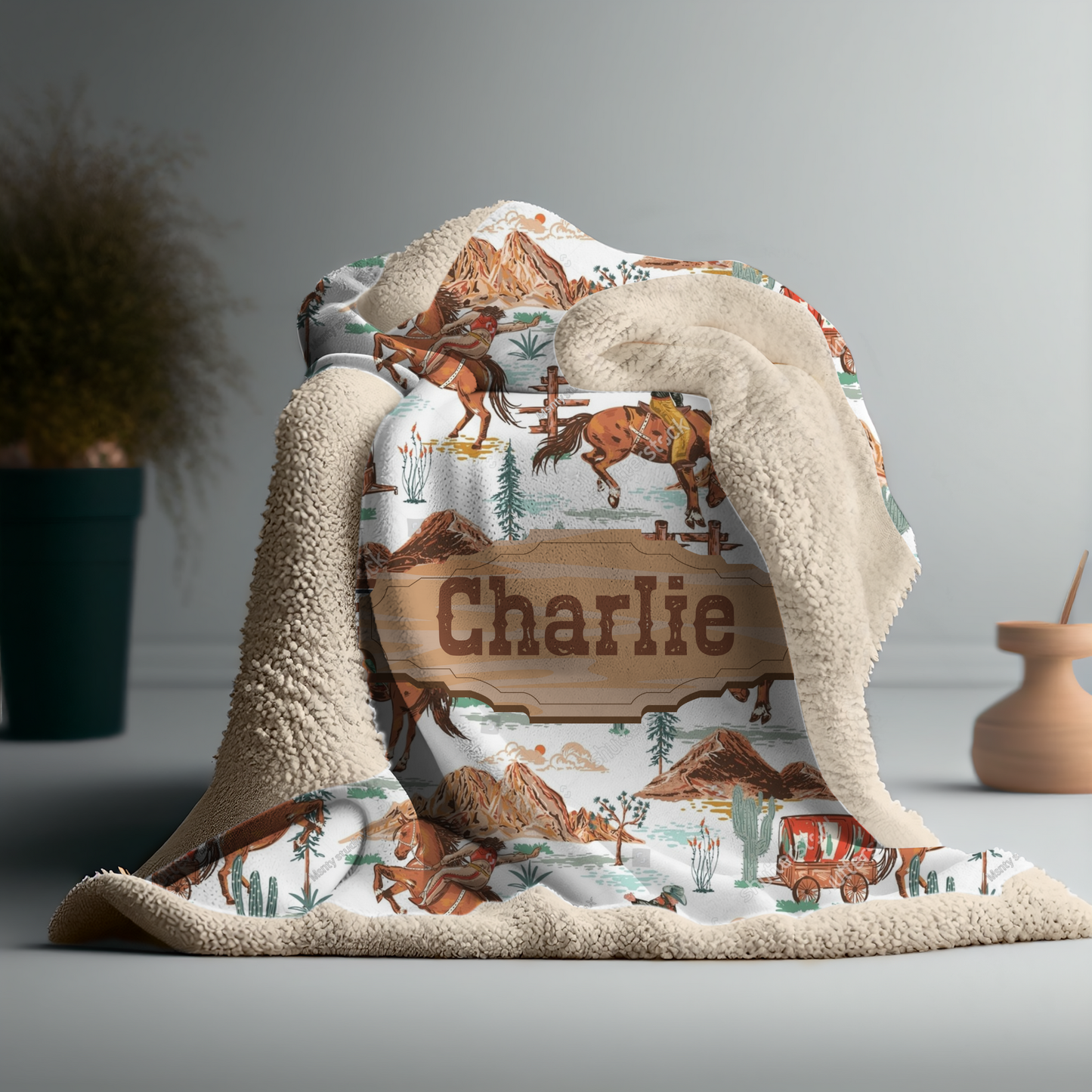Personalized Western Name Blanket – Cowboy Horses & Wagons