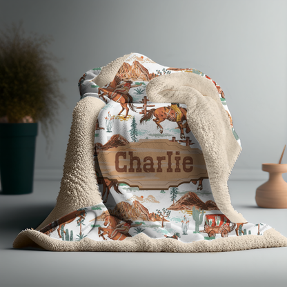Personalized Western Name Blanket – Cowboy Horses & Wagons