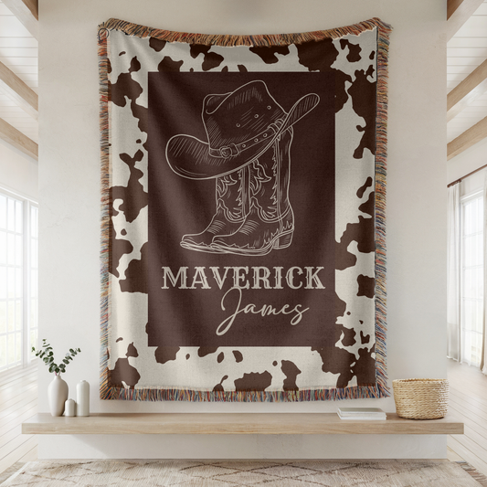 Cowboy Boots and Hat Name Woven Blanket – Personalized Western Throw