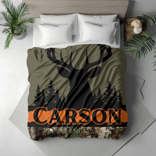 Personalized Real Tree Camo hunting blanket with a deer design and Custom Name text.