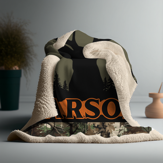 Personalized Real Tree Camo hunting Sherpa blanket with a deer design and Custom Name text.