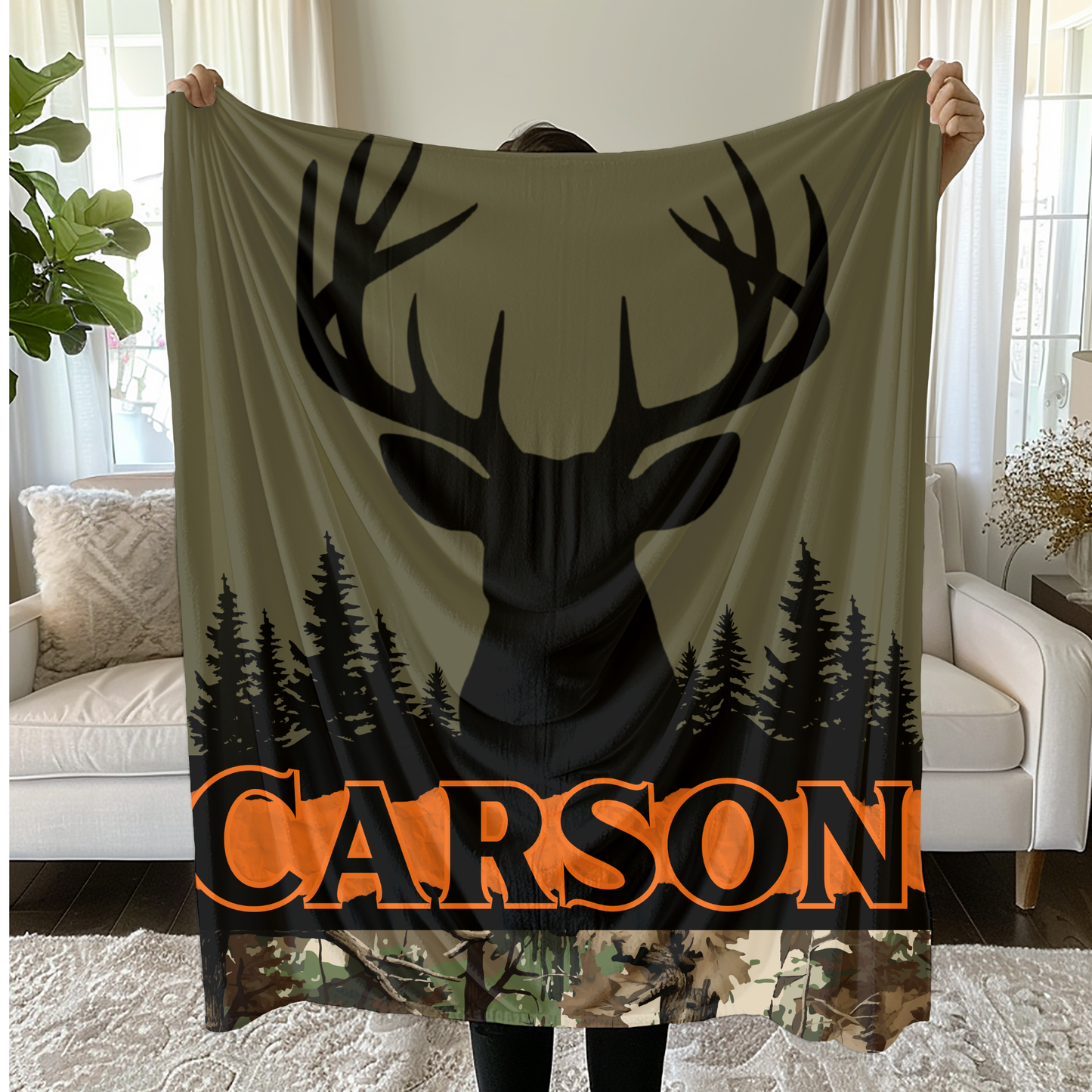 Personalized Real Tree Camo hunting blanket with a deer design and Custom Name text.