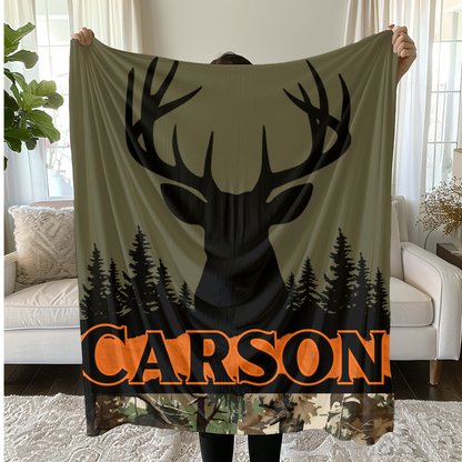 Personalized Real Tree Camo hunting blanket with a deer design and Custom Name text.