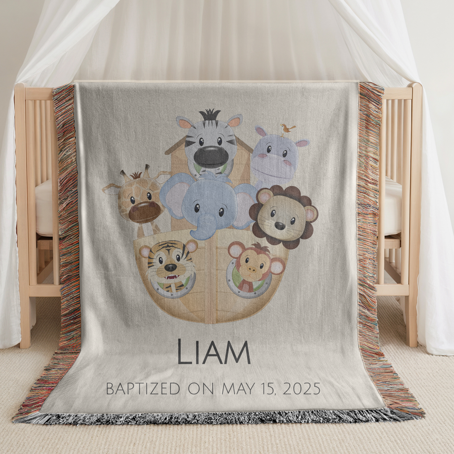 Personalized Noahs Ark Baptism Blanket, Christening Gift With Name And Date