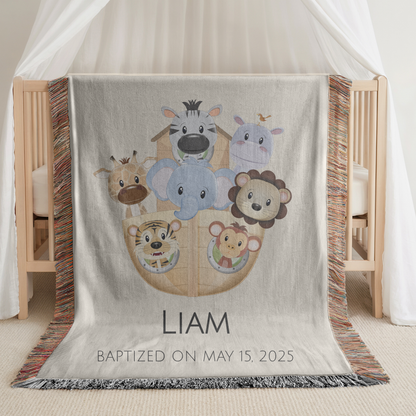 Personalized Noahs Ark Baptism Blanket, Christening Gift With Name And Date