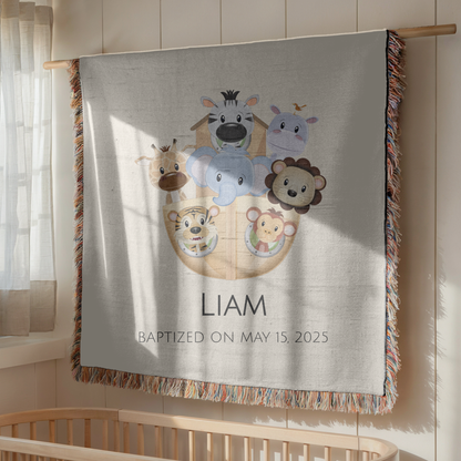 Personalized Noahs Ark Baptism Blanket, Christening Gift With Name And Date