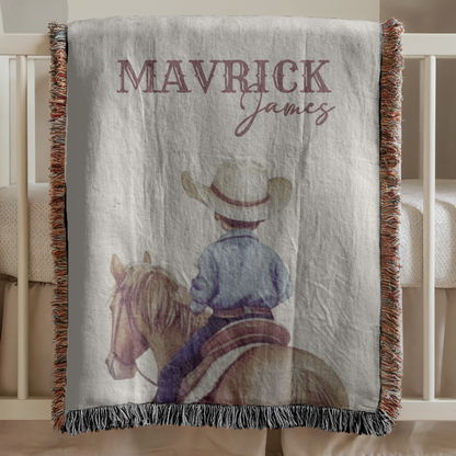 Personalized Western Cowboy Baby Name Blanket, Custom Name Cotton Woven Baby Blanket