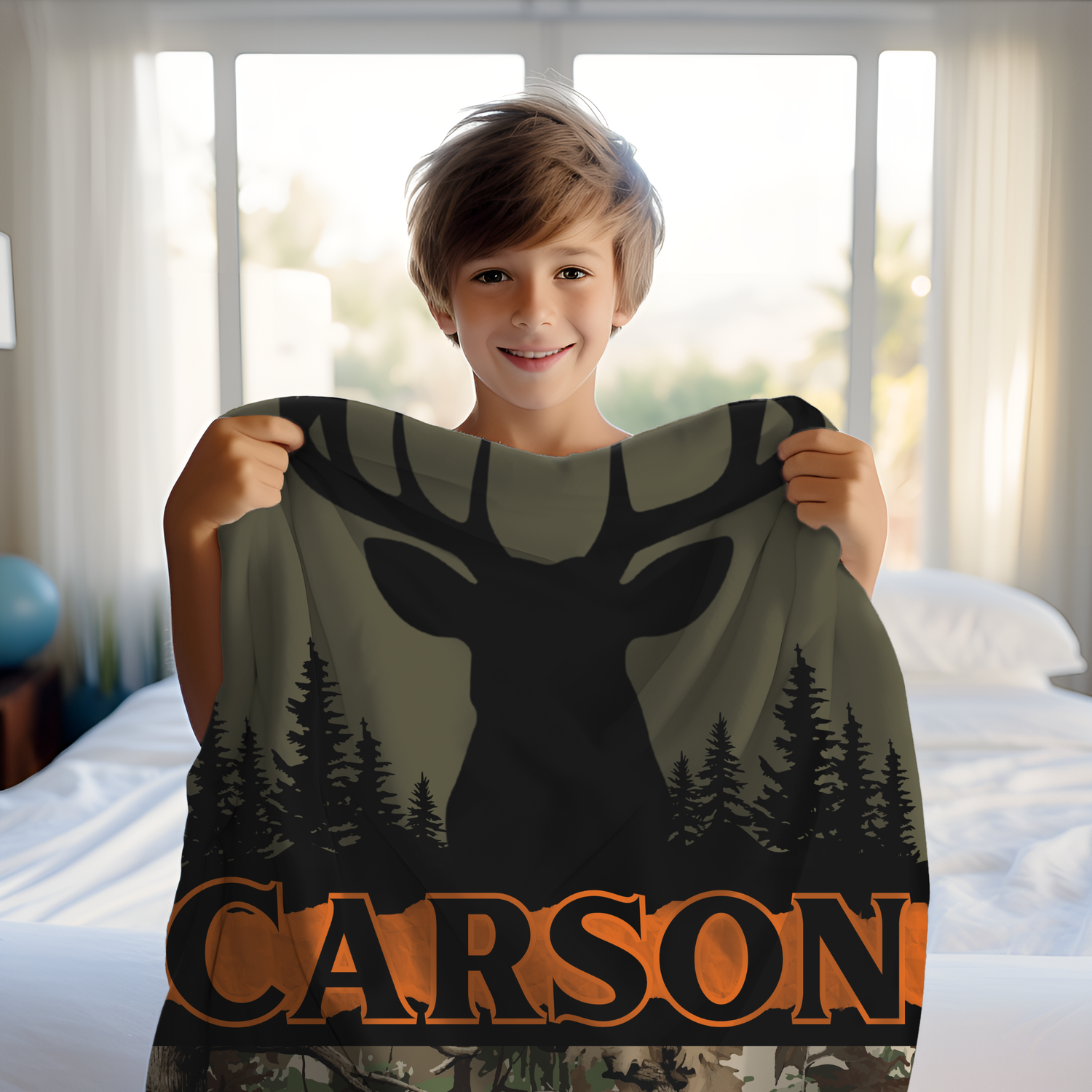 Personalized Real Tree Camo hunting Fleece blanket with a deer design and Custom Name text.