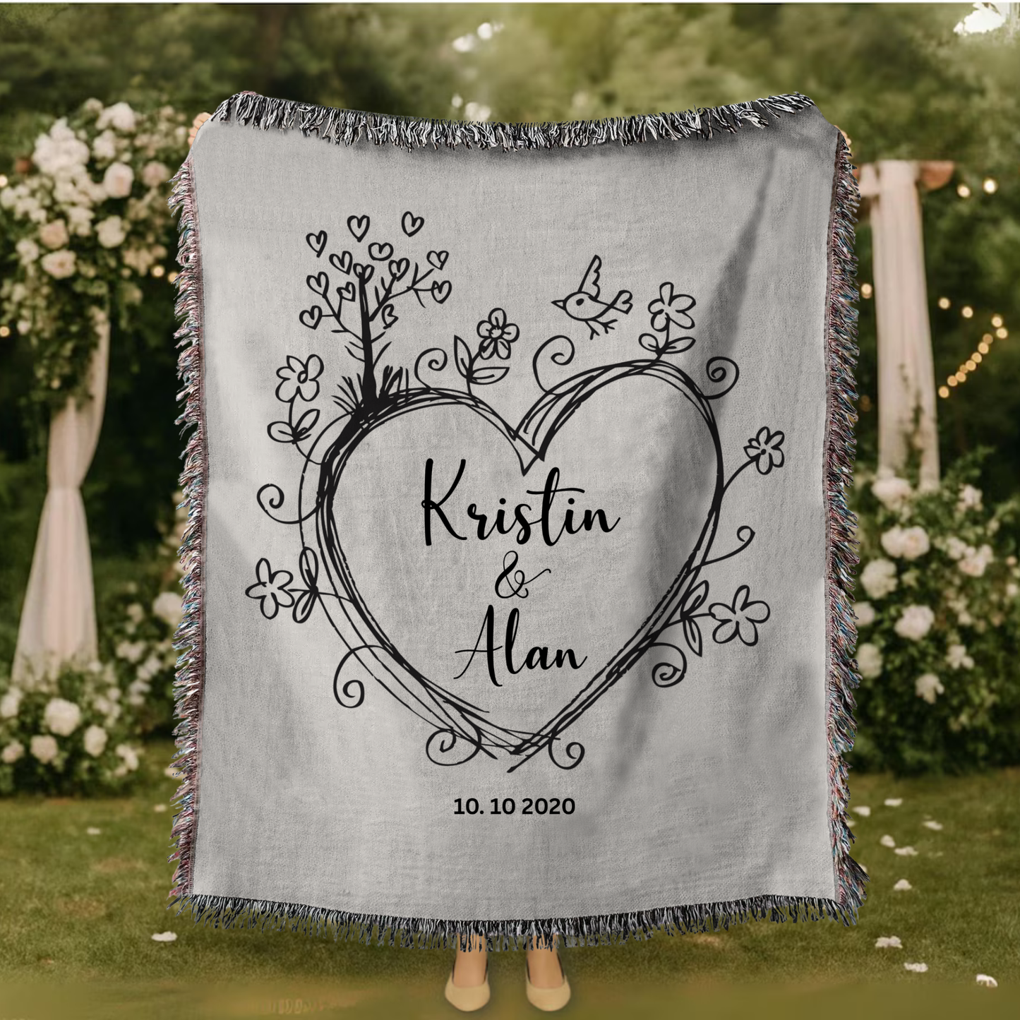 Personalized Wedding Cotton Woven Blanket with Custom Names & Est. Year