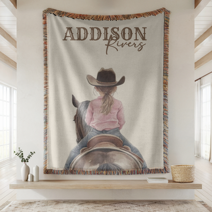 Personalized Western Cowgirl Baby Name Blanket, Custom Name Cotton Woven Baby Blanket