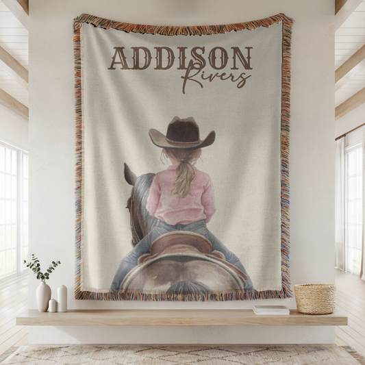 Personalized Western Cowgirl Baby Name Blanket, Custom Name Cotton Woven Baby Blanket